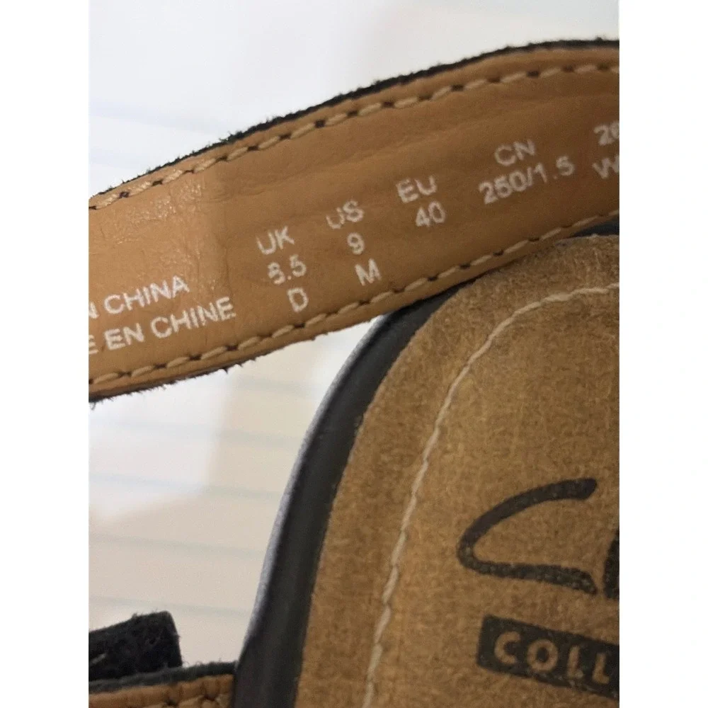 Clarks Wedge Sandals 9 Black‎ Women Laser Cut Leather Canvas Platform *READ*